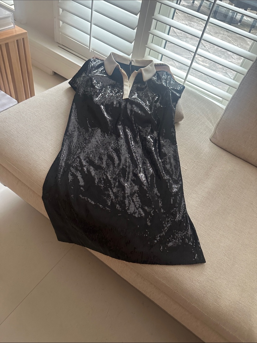 Ann Taylor Black Sequin Polo Shift Dress with White Collar